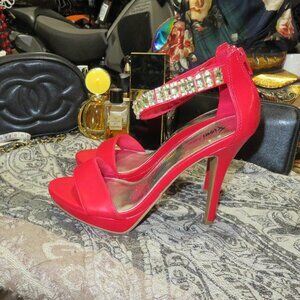BOGO FIONI NIGHT Leather rhinestone embellished red strappy heels stilettos 7.5
